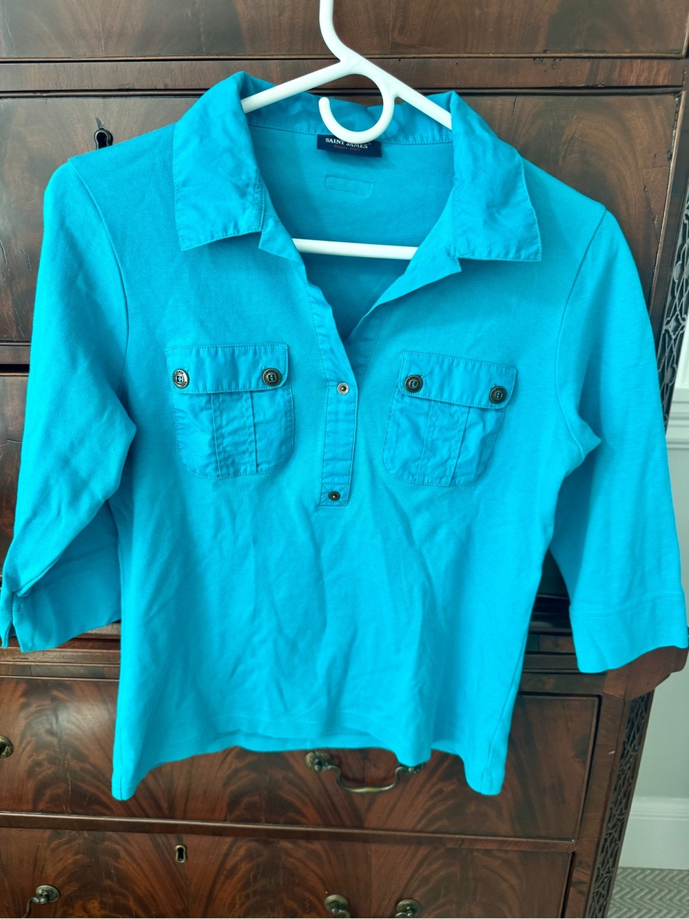 Saint James Oleron Polo Shirt Teal Blue Size 6, French 38, retail $179
